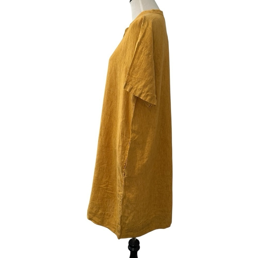 Eileen Fisher Mustard Yellow Button-Up organic linen short sleeve Dress - Picture 10 of 16